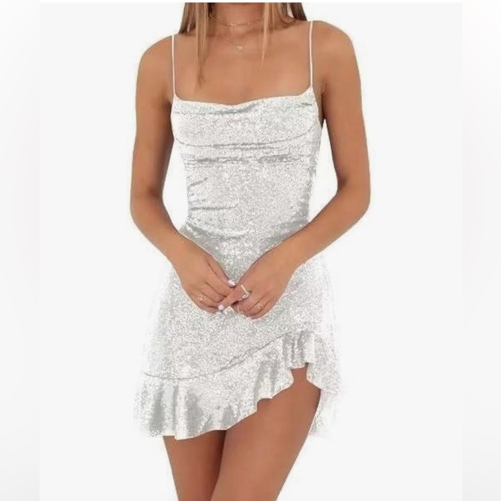 White Sequin Ruffle Dress